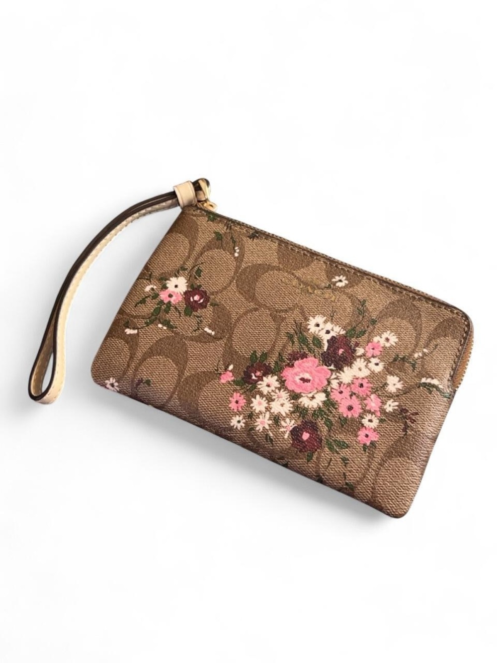 Coach Floral Logo Print Wristlet Wallet Coated Canvas Leather Gold Hardware